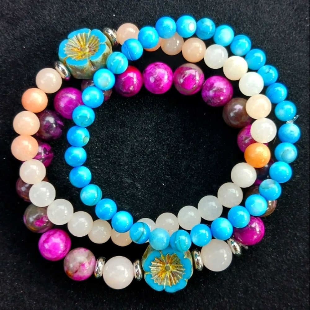 Sugalite Pink Opal shell glass flower beaded gemstone crystal stretch bracelets